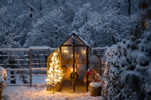 Preview: Snowy yard with glasshouse and glowing tree graland
