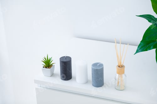 Preview: Spa. Beautiful candles on table on grey background