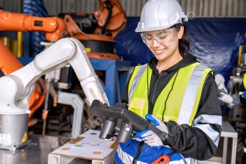 Preview: Young female asian service engineer holding robot controller operate robot arm automation factory
