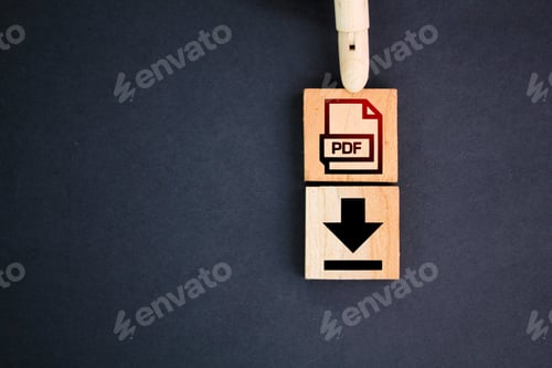 Preview: wooden square with PDF format file icon and download.