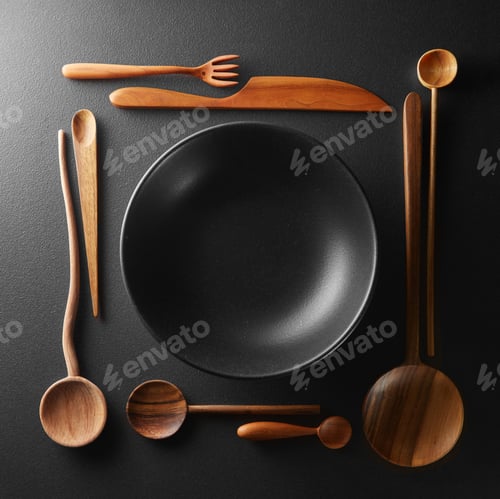 Preview: frame of setting empty plate and wooden cutlery