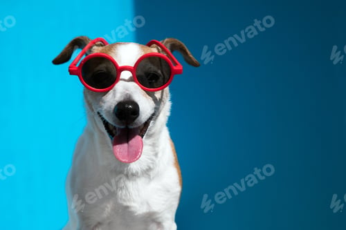 Preview: Jack Russell terrier in round red sunglasses looks at camera on blue