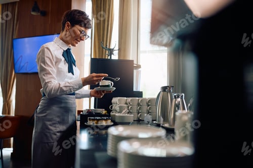 Preview: Smiling hotel waitress making a cup of tea.