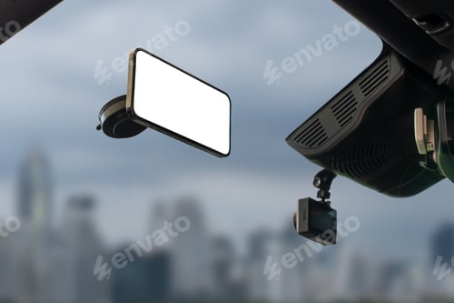 Preview: Smartphone with empty display attached to windshield, ready for navigation app or GPS system