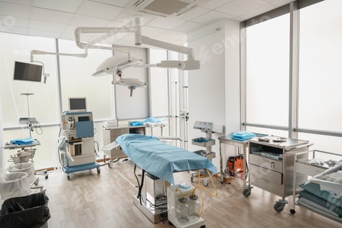 Preview: Interior of operation room with different medical equipment ready for surgery