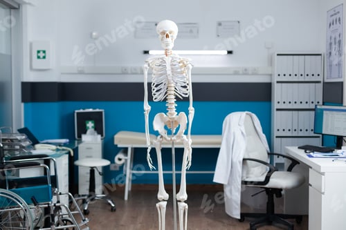 Preview: Front view of anatomical human body skeleton standing in empty doctor office