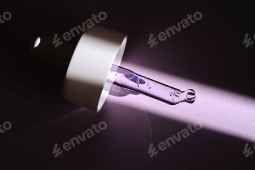 Preview: Pipette with serum on purple background with sunlight.