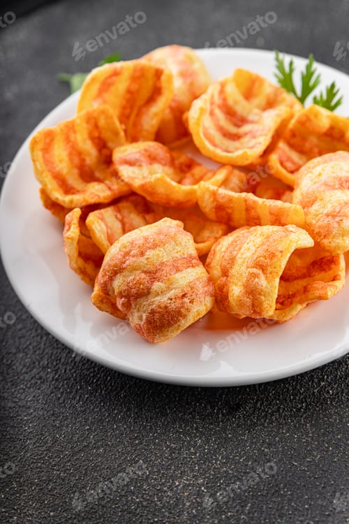 Preview: Chips bacon crispy rashers corn snacks fast food natural food fresh dish on the table