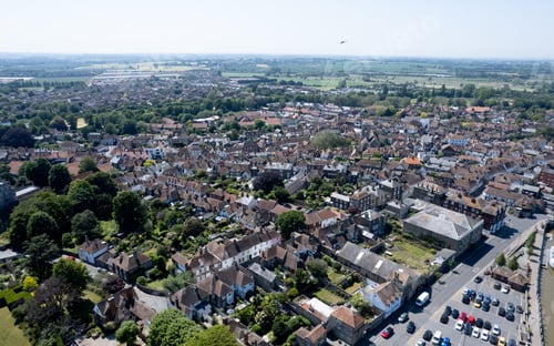 Preview: Drone aerial scenery of Sandwich village in Kent United Kingdom. Top view scenery of villages
