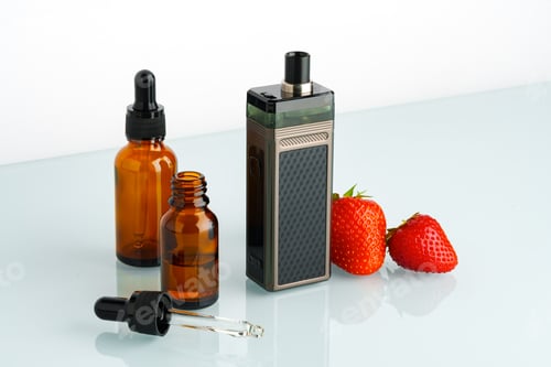 Preview: Electronic cigarette liquid with strawberry flavor on white background