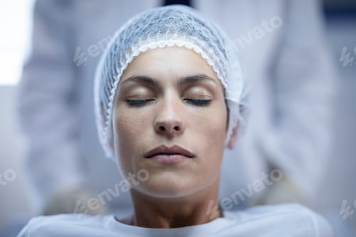 Preview: Front view of a Caucasian female patient sitting with eyes closed on bed at hospital