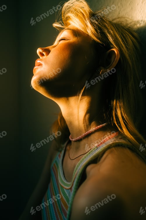 Preview: Portrait of attractive caucasian woman with blonde hair posing in sunset light indoor.
