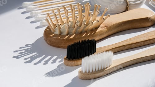 Preview: Set of eco natural bathroom accessories and cosmetics on white background. Zero waste. Plastic free.