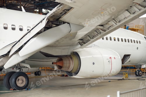 Preview: Close up shot of aircraft engine jet under maintenance in the hangar indoors