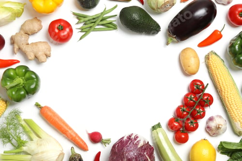 Preview: Frame made of different fresh vegetables on white background, top view. Space for text