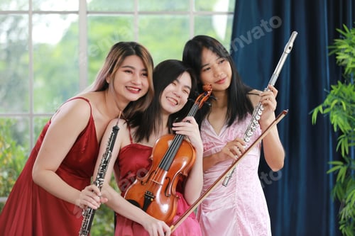 Preview: young woman violinist musician playing workshop classical violin music at home studio