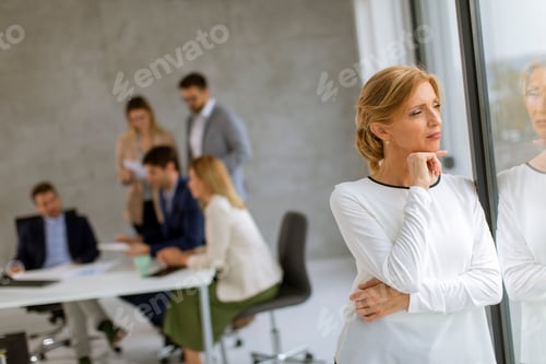 Preview: Mature business woman standing in the office in front of her team