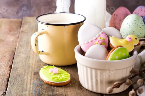 Preview: Eggs shaped Easter cookies, hand-made with cup of milk. Decorated with fondant icing on old wooden