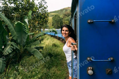 Preview: Beautiful girl traveling by train among mountains. The girl travels by train to beautiful places