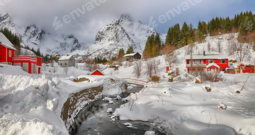 Preview: Astonishing morning scenery of Norwegian Nusfjord village.