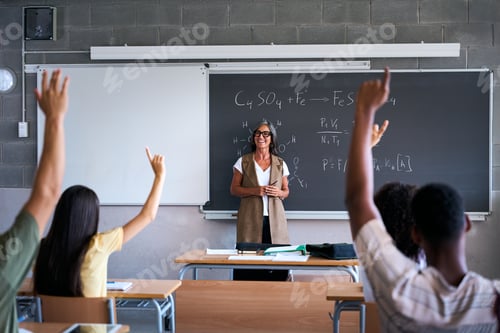 Visualização: Vista traseira de uma aluna na sala de aula levantando a mão para fazer uma pergunta durante a aula