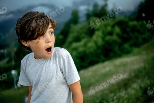 Preview: Emotional portrait of a teenage boy against the backdrop of mountains