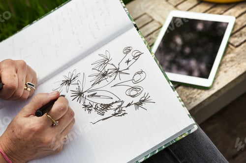 Vista previa: High angle view of a woman sitting on a bench, drawing flowers in a sketchbook, a digital tablet.
