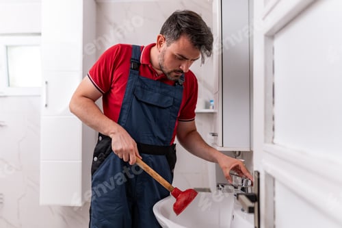 Preview: Plumber unclogging sink in bathroom during daytime repair