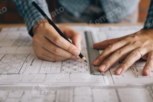 Preview: Interior designer or architect reviewing blueprints and holding pencil on desk at home office.