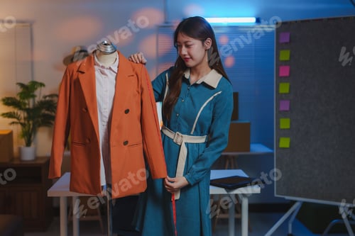 Preview: Fashion designer measuring clothes on mannequin in creative office