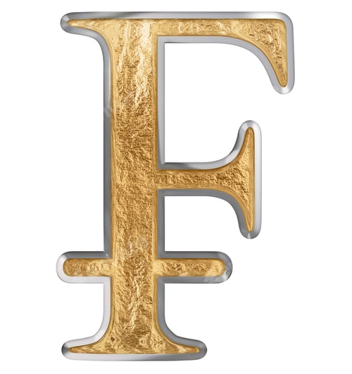 Preview: French franc symbol, isolated on white background, 3D render