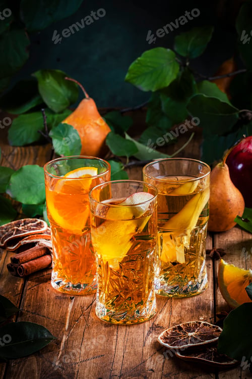 Preview: Cider glasses: apple, pear and orange drinks. Fermented low alcohol fruit cocktail