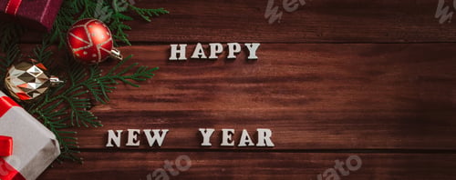 Preview: Christmas and new year concept. Gift boxes and decor on wooden background.