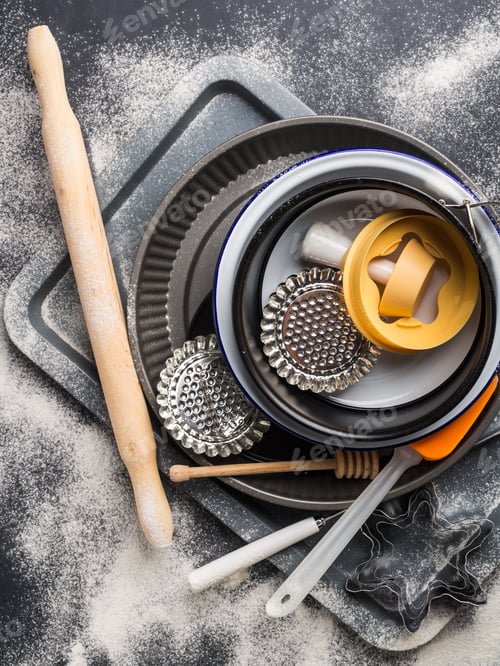 Preview: Baking tools and accessories. Christmas dark background
