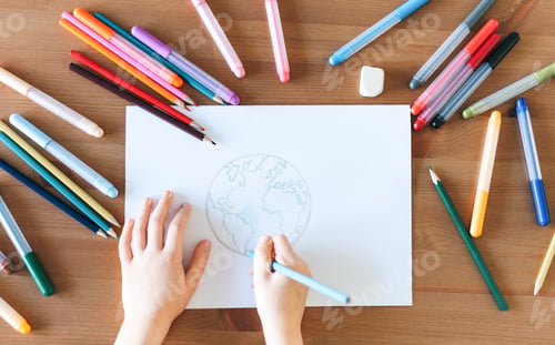 Preview: Child girl drawing with colorful pencils