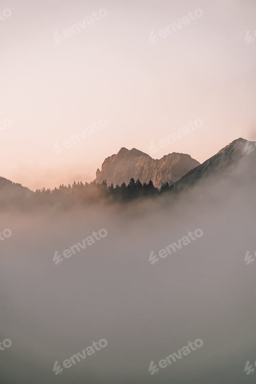 Preview: View on mountains and forest at sunrise at Geroldsee, Bavaria, Germany, Europe