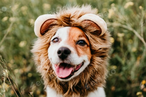 Preview: cute jack russell dog wearing lion costume on head. Happy dog in nature in yellow flowers meadow