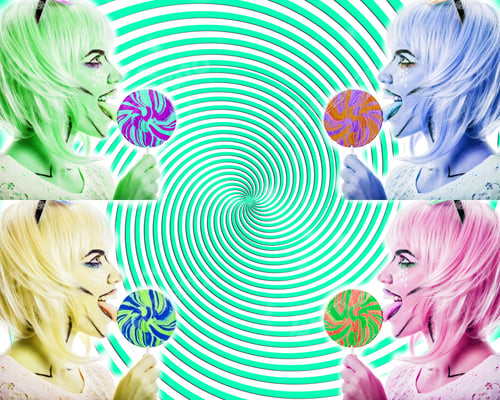 Preview: Girl With Makeup In The Style Of Pop Art. A Girl Holding A Lollipop And Licking It. Collage. The