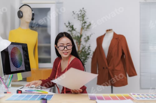 Preview: Fashion designer working with colour swatches and choosing sketches in her studio