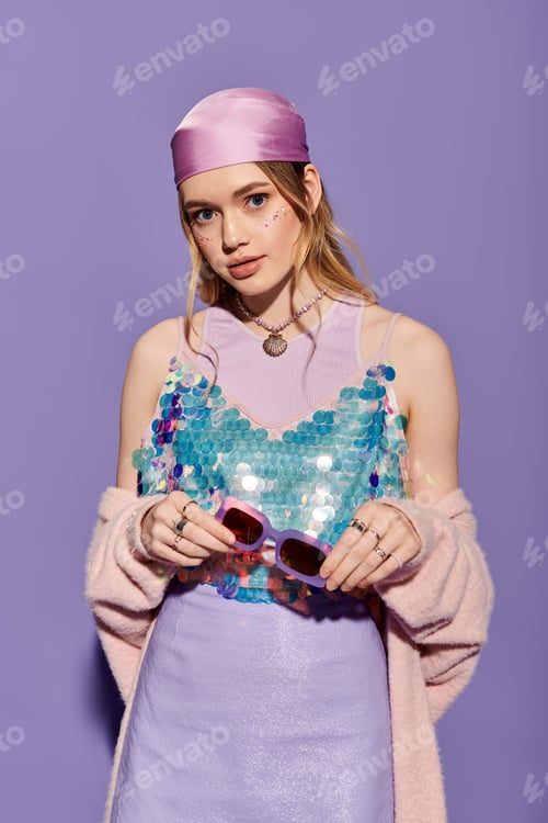 Preview: Fashionable young woman showcases vibrant spring style with playful accessories and unique outfit