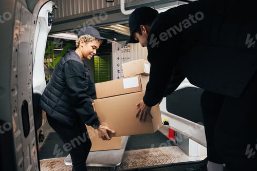 Preview: Coworkers pick up the packages from the warehouse.