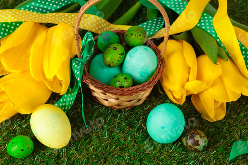 Preview: Easter Eggs with flower on Green Grass. creative photo