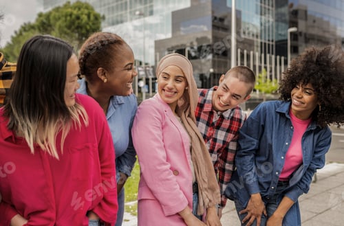 Preview: group beautiful diverse women walking around the city happy