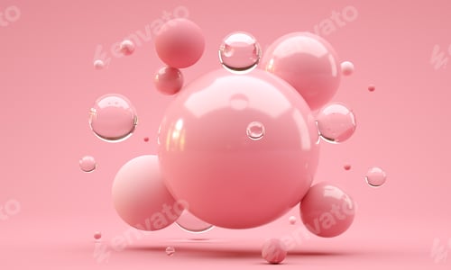 3D Illustration. Shiny balls with different size on pink color background. Abstract background