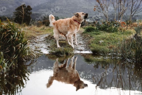 Preview: Dog standing by a reflective body of water in the park howling, in daytime with blurred background