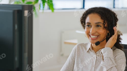 Preview: Woman Wearing Headset Sitting At Desk Working In Office Call Centre Team Taking Call