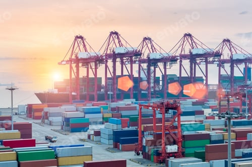 Preview: container terminal closeup in sunset