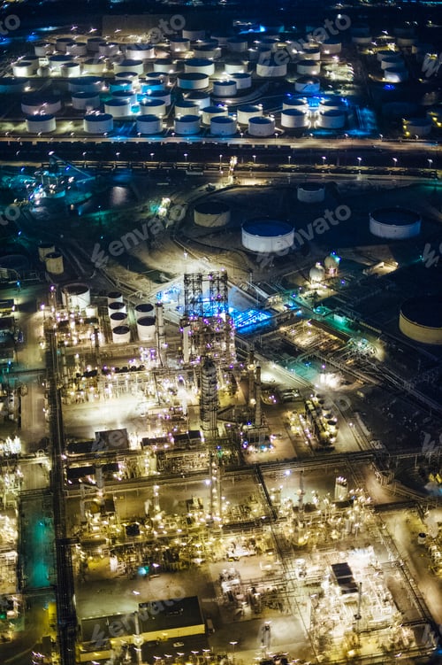 Preview: Aerial view of oil refinery and storage tanks illuminated at night, Los Angeles, California, USA