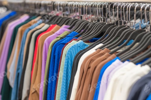 Preview: Shopping in a boutique with fashionable clothes displayed on hangers for sale.