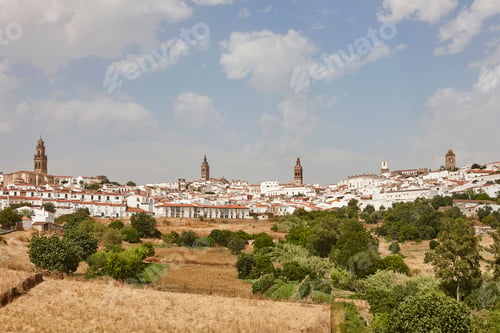 Preview: Whitewashed houses and bell towers. Jerez Caballeros, Badajoz. Extremadura, Spain
